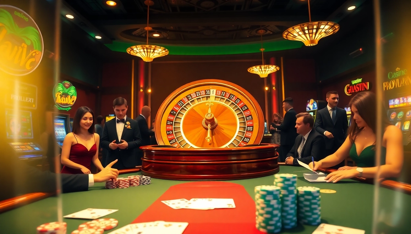 Experience the excitement of gambling at hay.win with a vibrant casino scene showcasing roulette and poker.