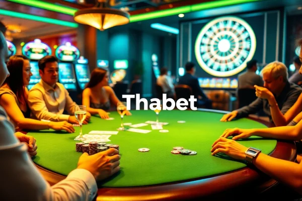 Experience thrilling gameplay at Thabet's luxurious casino tables with excited players and vibrant chips.