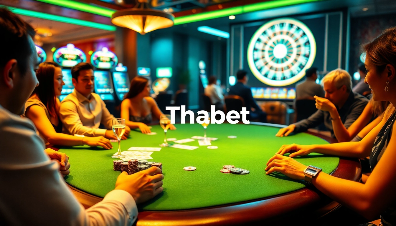 Experience thrilling gameplay at Thabet's luxurious casino tables with excited players and vibrant chips.