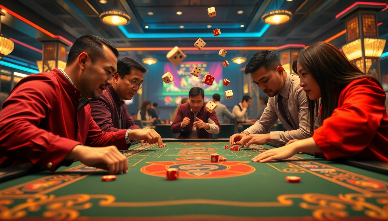 Intense tai xiu game scene showcasing players, dice, and bright casino atmosphere.