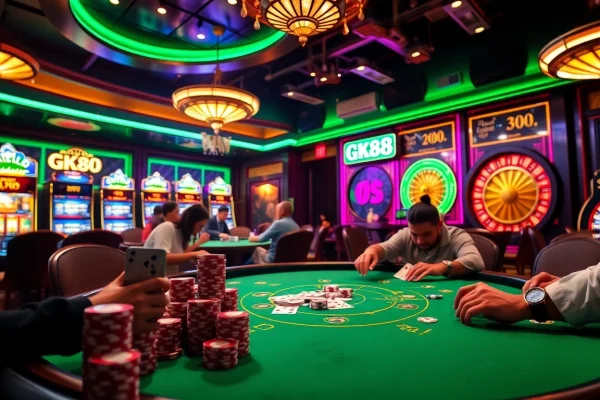 Experience the thrill of GK88 at a vibrant casino poker table with intense players.