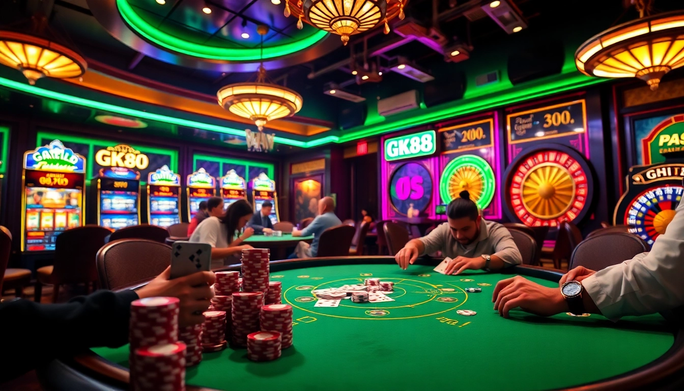 Experience the thrill of GK88 at a vibrant casino poker table with intense players.