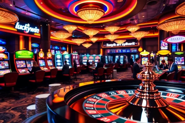 Experience Luckywin’s thrilling casino ambiance with vibrant games, roulette, and engaging players.