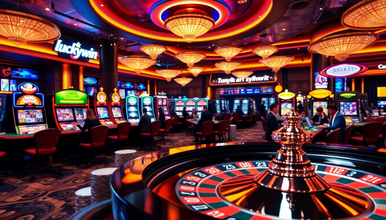 Experience Luckywin’s thrilling casino ambiance with vibrant games, roulette, and engaging players.