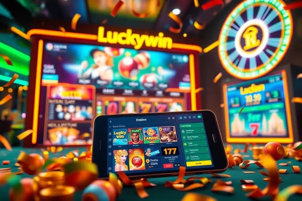 Exciting Luckywin online casino experience with vibrant games, sports betting, and celebratory atmosphere.