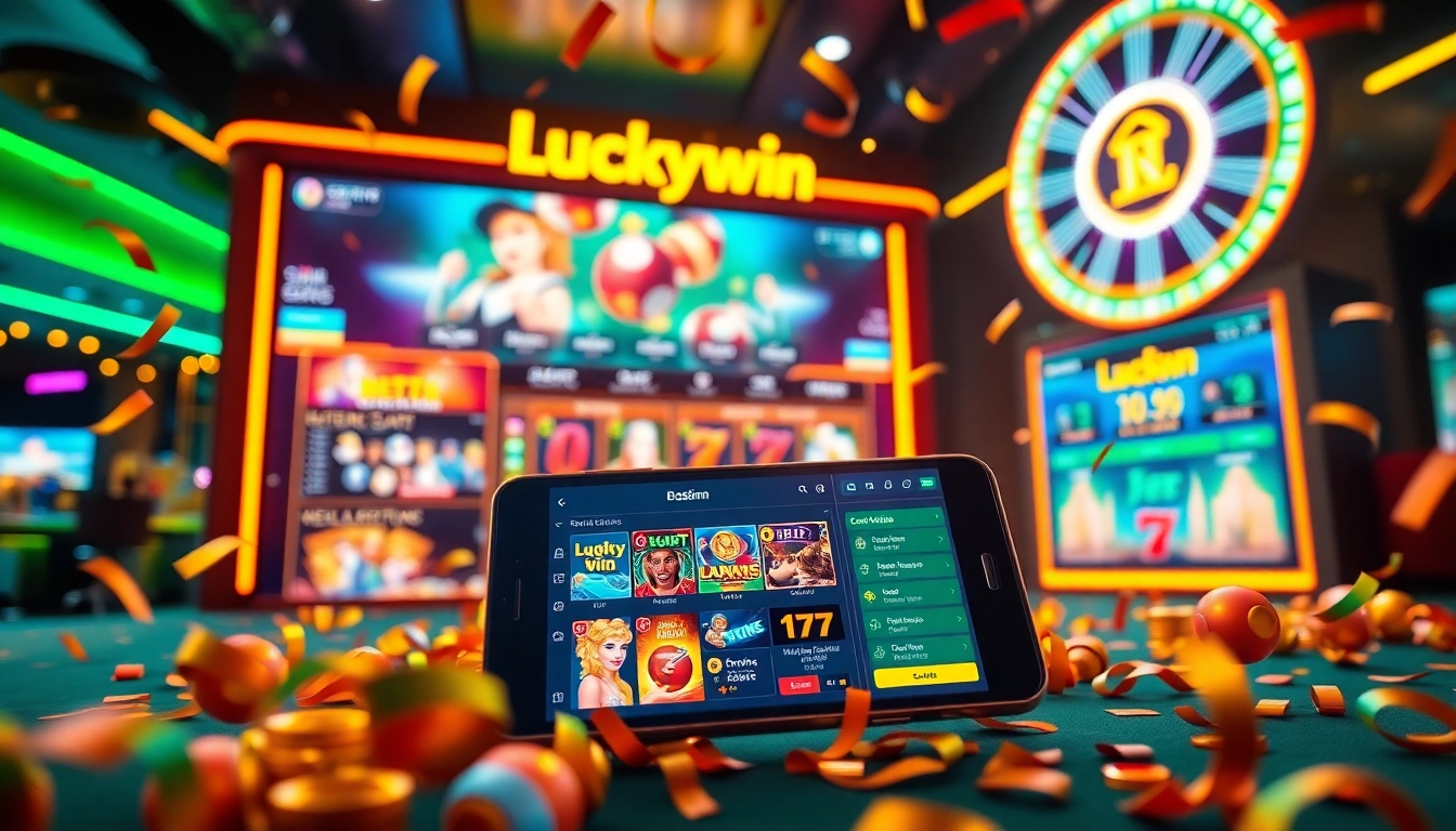 Exciting Luckywin online casino experience with vibrant games, sports betting, and celebratory atmosphere.