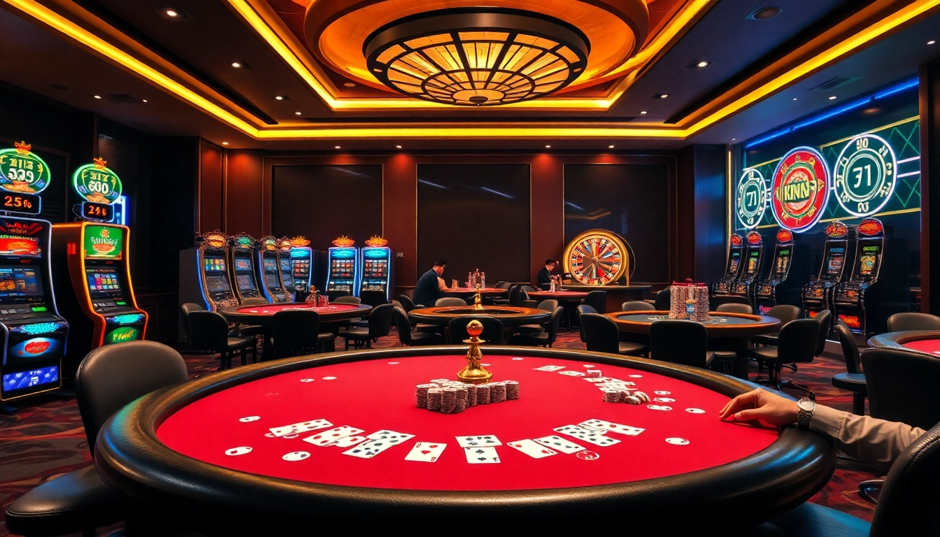 Experience the excitement of king88 with vibrant casino gameplay featuring poker chips and slot machines.