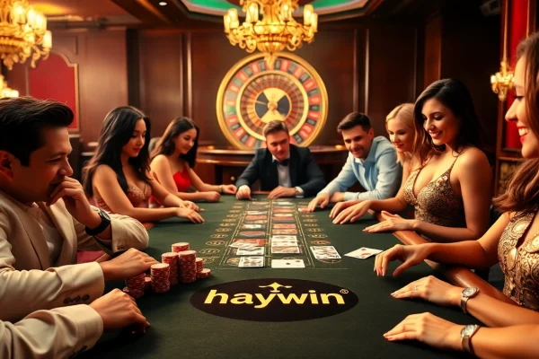 Engaged players at a luxurious casino table strategize in the game, showcasing haywin's exciting gambling experience.
