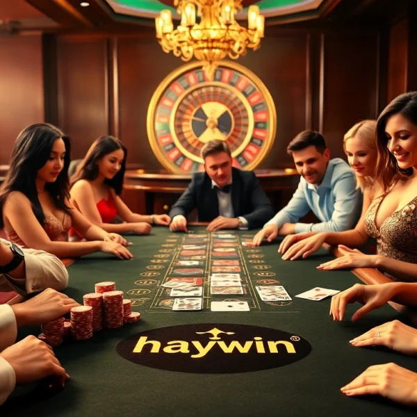 Engaged players at a luxurious casino table strategize in the game, showcasing haywin's exciting gambling experience.