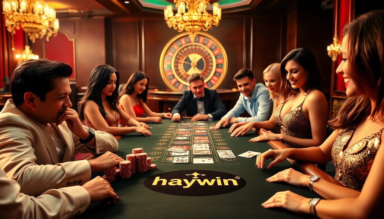 Engaged players at a luxurious casino table strategize in the game, showcasing haywin's exciting gambling experience.