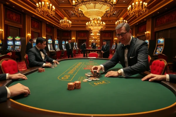 High-stakes players engaged in thrilling blackjack action, highlighting the process of নিবন্ধন করুন at a luxurious casino.