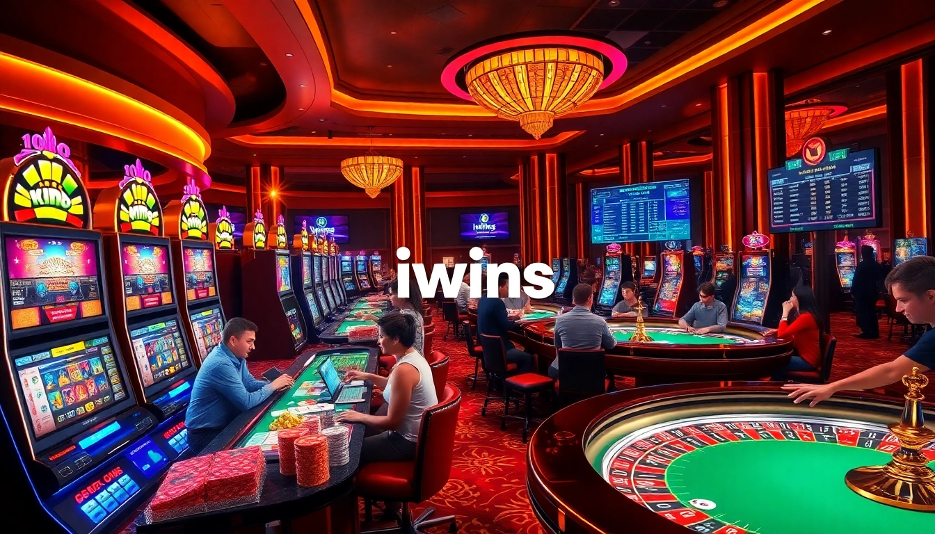 Experience the thrill of iwins with vibrant slot machines and poker action at a luxurious casino.