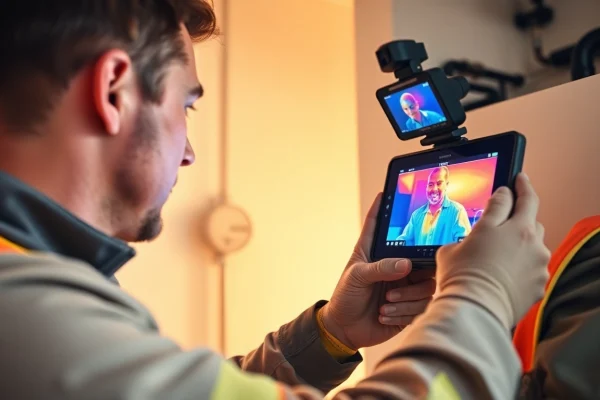 Central heating leak detection technician using advanced thermal imaging equipment for precise diagnostics.