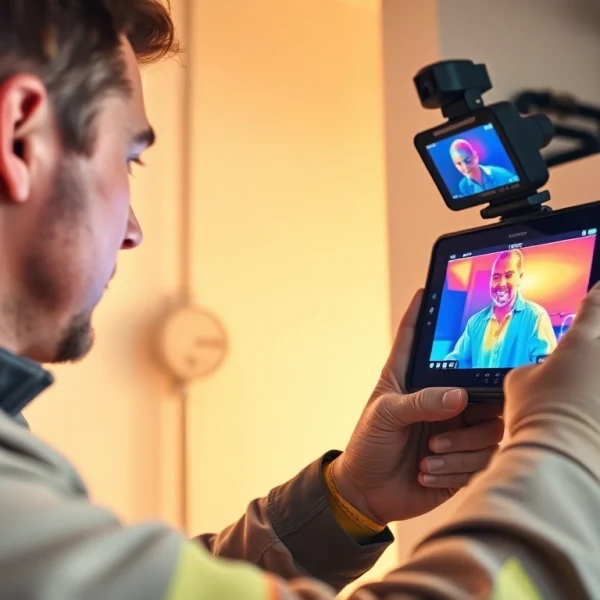 Central heating leak detection technician using advanced thermal imaging equipment for precise diagnostics.