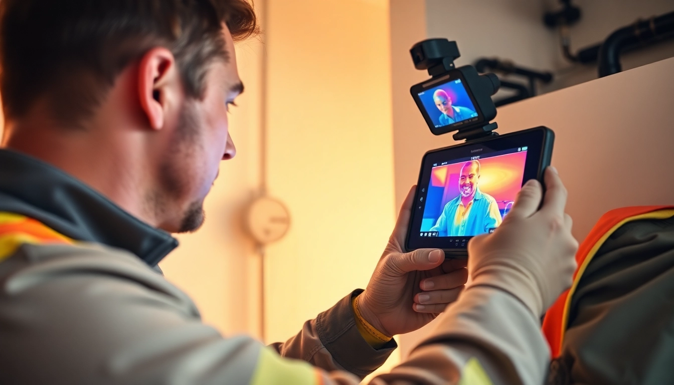 Central heating leak detection technician using advanced thermal imaging equipment for precise diagnostics.