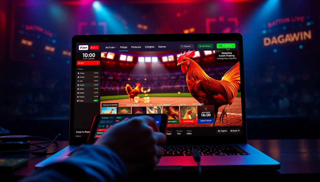 DAGAWIN.LIVE: Live cockfighting betting interface showcasing exciting matches and vibrant graphics.