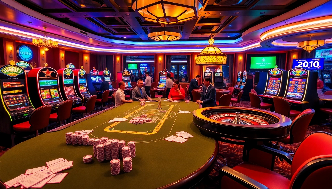 Experience the thrill of gambling at rikvip368.com with vibrant casino visuals showcasing poker tables and slot machines.