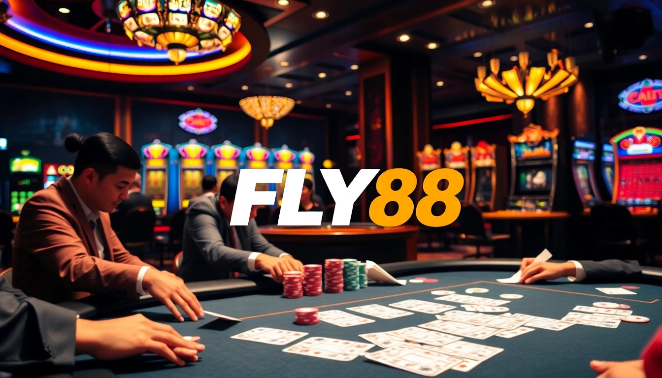 Experience the thrill of gambling at FLY88's luxurious casino tables with vibrant colors and excitement.