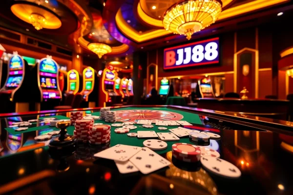Experience the thrill of BJ88 with vibrant casino scenes featuring roulette and poker elements.