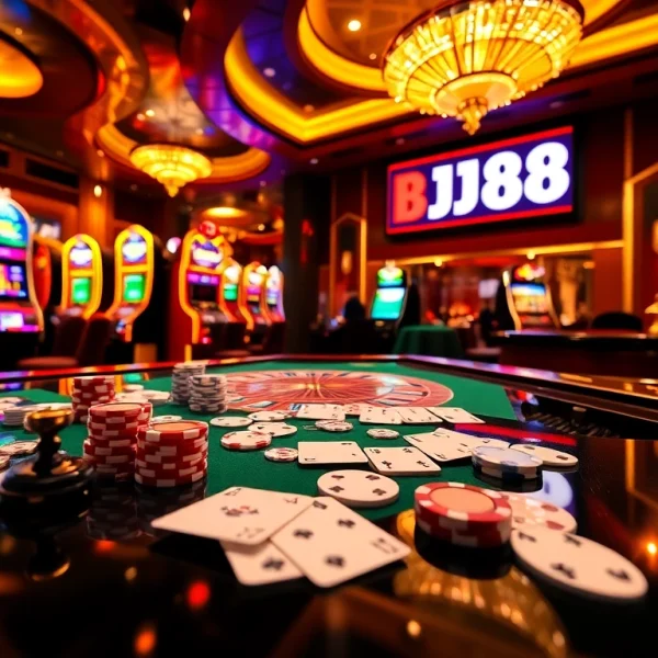 Experience the thrill of BJ88 with vibrant casino scenes featuring roulette and poker elements.