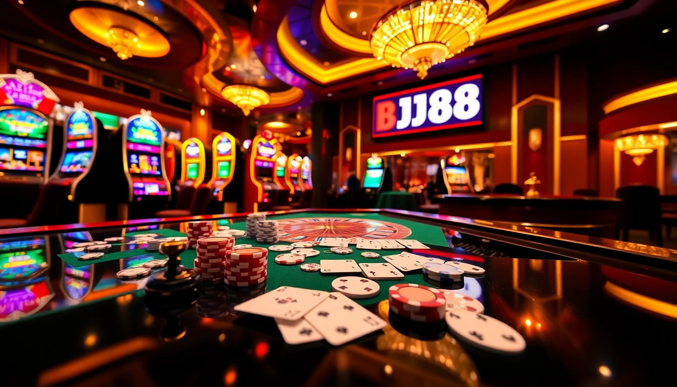 Experience the thrill of BJ88 with vibrant casino scenes featuring roulette and poker elements.