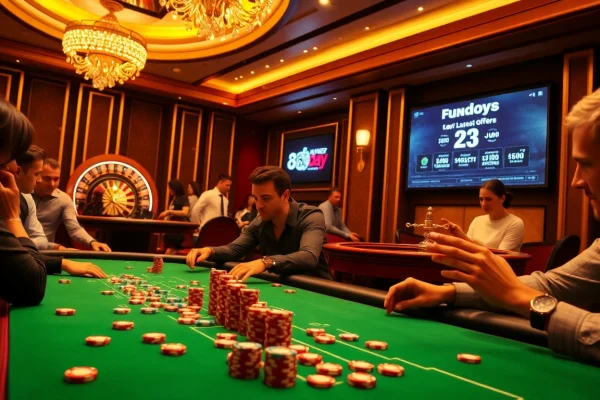 Exciting casino scene featuring players at a poker table at 8day, showcasing vibrant chips and a spinning roulette wheel.