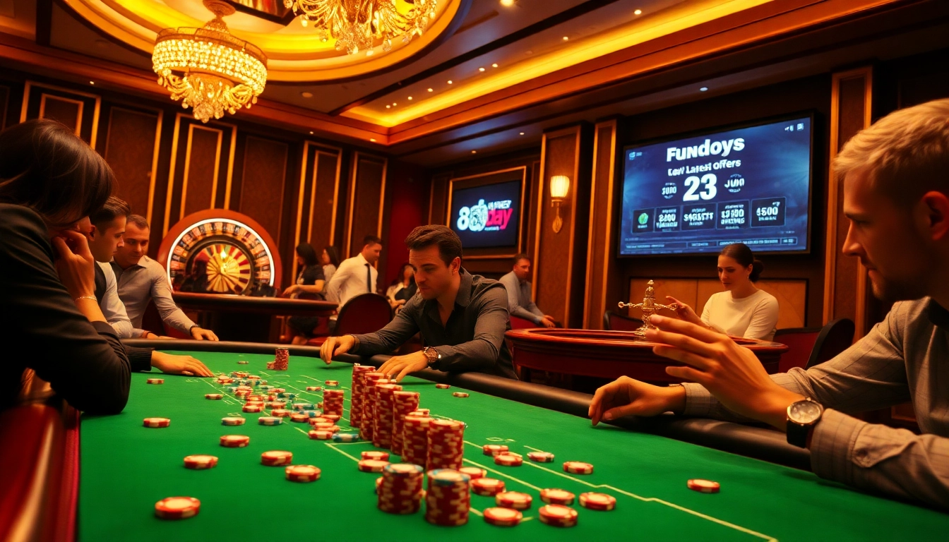 Exciting casino scene featuring players at a poker table at 8day, showcasing vibrant chips and a spinning roulette wheel.