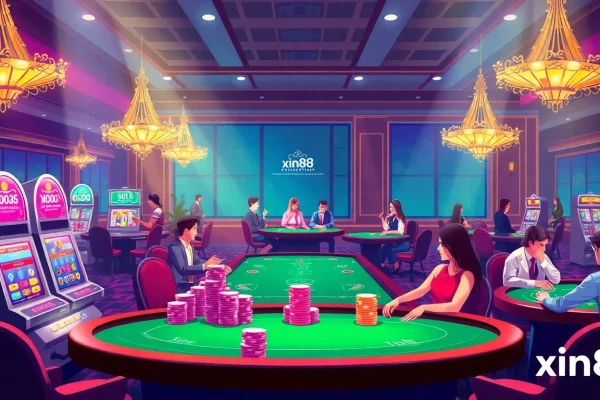 Experience the thrill of gambling at xin88 with vibrant casino tables and slot machines.