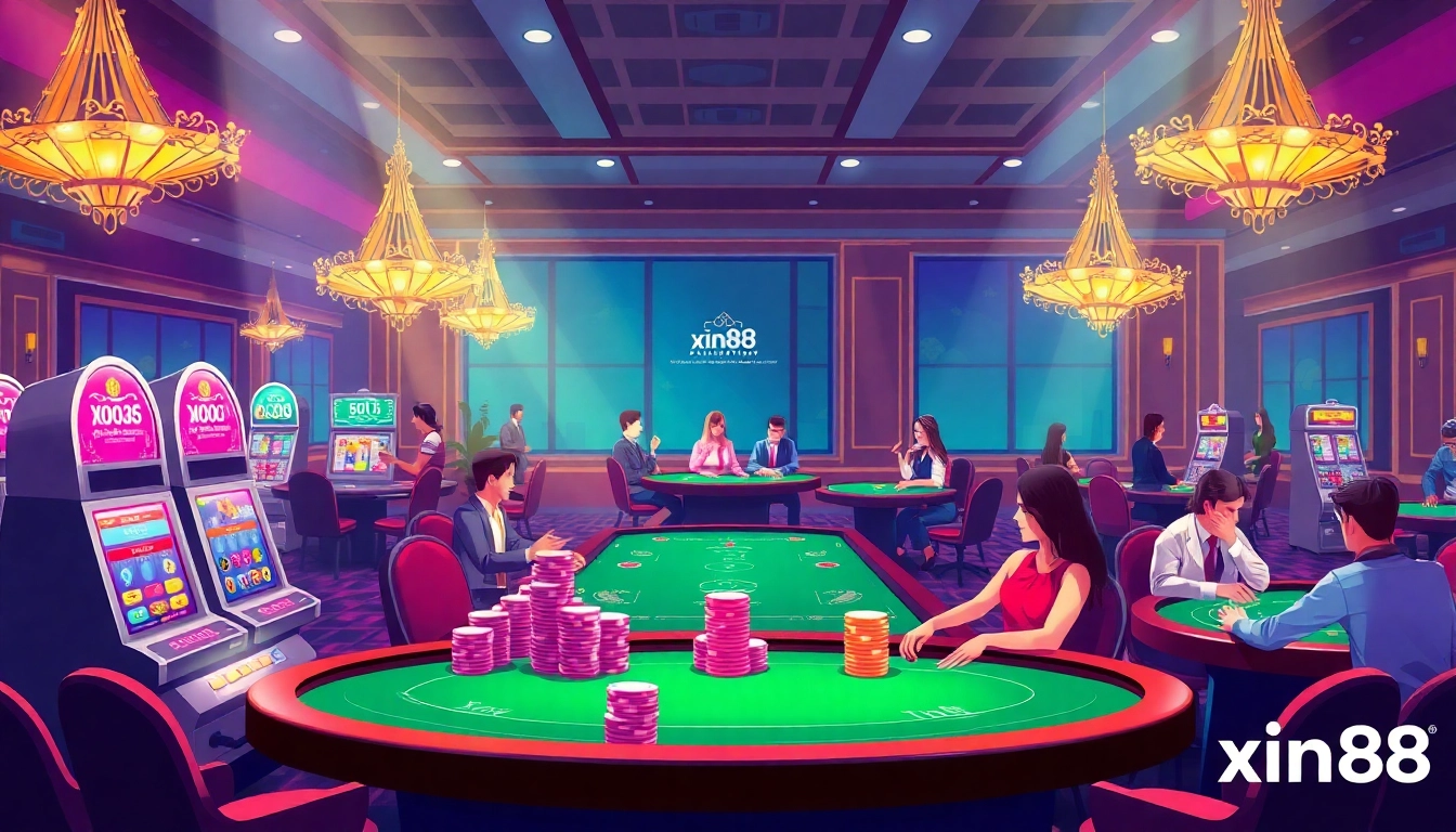 Experience the thrill of gambling at xin88 with vibrant casino tables and slot machines.