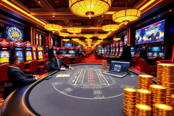 Players winning big at NH88 casino tables with vibrant slots in the background.
