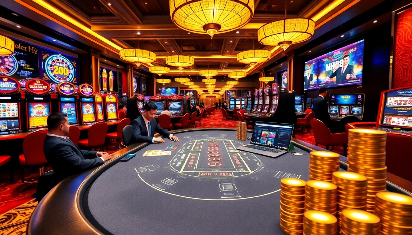 Players winning big at NH88 casino tables with vibrant slots in the background.