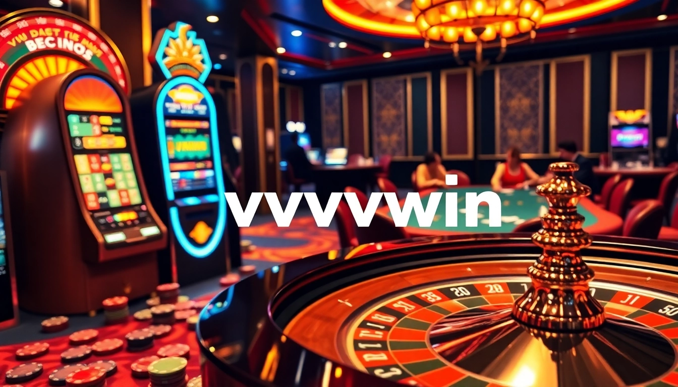 Experience thrilling casino action with vvvwin at a vibrant roulette table and slot machines.